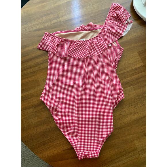 J Crew Ruffle One Shoulder Red White Gingham Full Coverage One Piece EUC Large - Picture 7 of 10